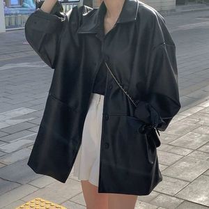 Women's Black Pu Leather Jacket 2025 New Style Hong Kong Design American Retro Fit For Petite Figures - Product Image 1