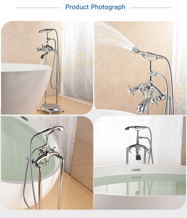 Chrome Floor Mount Tub Filler Bathroom Mixing Tap With Tel Handheld Shower Freestanding Triple Cross Knob Handle Bathtub Faucet