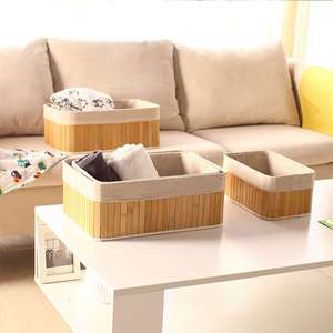 Precio barato hecho a mano grande rectangular de bambú natural almacenamiento tejido de cesta con forro de algodón conjunto de 3 - Product Image 6