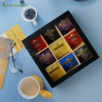 Boîte de rangement en bambou à 9 compartiments, couleur personnalisée, avec couvercle transparent, emballage sous film rétractable au laser, pour sachets de thé et de café, style coffre, vente chaude