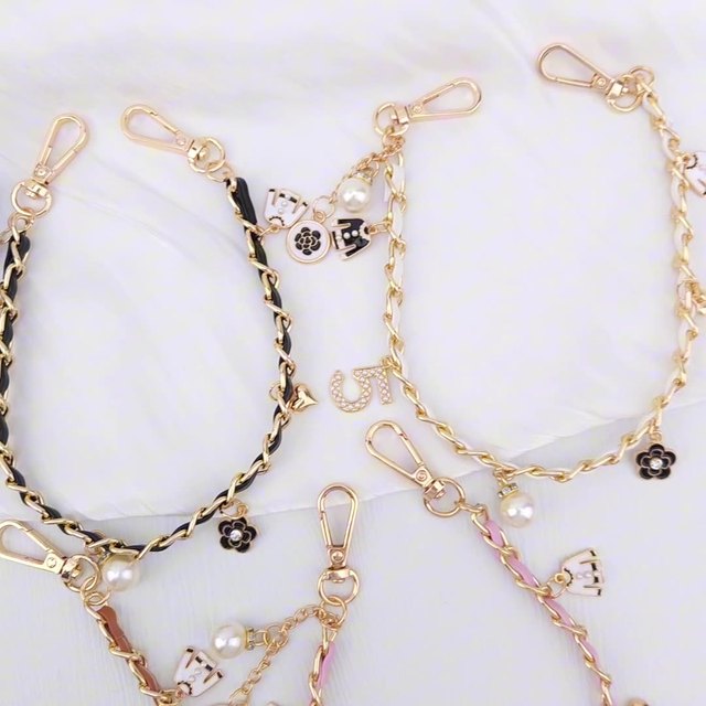 Colorful Camellia Flower Pearl Bead Heart Phone Charm PU Leather Chain Mobile Phone Wristband Anti Lost Phone Rope Lanyard