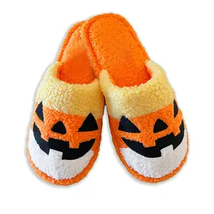 Halloween Slippers Pumpkin Face Illustrated Plush Shoes Orange Candy Corn Jack O Lantern Slippers with Pumpkin