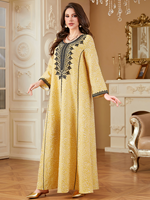 Robe longue maxi musulmane décontractée pour adultes, col rond, broderie florale noire, en polyester, manches longues amples, style Abaya Kaftan