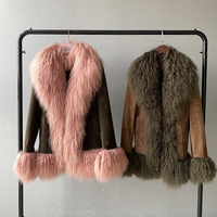 Jxwatcher Manteaux en Vrai Cuir de Mouton pour Femmes, Col en Fourrure de Mongolie, Vente en Gros, Vestes en Cuir Souple Authentique pour Femmes