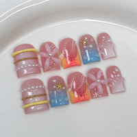 Lot de 10 faux ongles carrés courts œil de chat faits à la main, avec breloques florales 3D de qualité salon, vente en gros