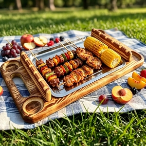 Bandeja de madera para brochetas de barbacoa, estante de almacenamiento para pícnic al aire libre, soporte para brochetas de carne de cordero para <span class=keywords><strong>carnicería</strong></span> - Product Image 2