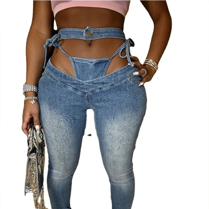 High Waist G-string Belt Jeans Pants Women's Crop Denim Sweatpants stretch Personality street female jean pants with panty