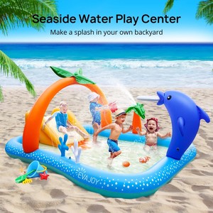 Inflatable Dolphin Water Play Center Kids Backyard Splash Pad with <b>Slide</b> & Sprinkler Outdoor Swimming <b>Pool</b> Toy - Product Image 3