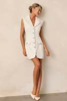 Mini robe col cranté modeste à boutons pour femme Église luxe sans manches décontracté fourreau en tweed blanc pour femme