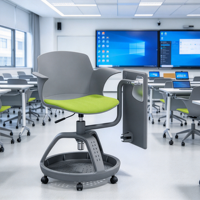 Chaise d'entraînement scolaire en plastique réglable en hauteur avec tablette intégrée, siège rembourré, base de rangement et roulettes pour salles de classe universitaires intelligentes