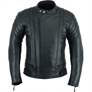 Chaqueta de Motociclista para Hombre, Negra, de Cuero Genuino, con Cuello Mao, Cierre de Cremallera, Corte Ajustado, Resistente al Viento, para Invierno - Product Image 1
