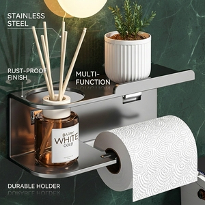 <span class=keywords><strong>Porte</strong></span>-<span class=keywords><strong>papier</strong></span> <span class=keywords><strong>toilette</strong></span> mural en acier inoxydable écologique avec double étagère et crochets multifonctionnels pour salle de bain - Product Image 1