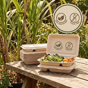 Biodegradable Sugarcane Bagasse <b>Lunch</b> <b>Box</b> Eco-Friendly 3 4 5 6 Compartment Meal Tray with Lid for Catering - Product Image 4