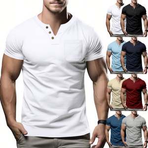 T-shirts pour hommes de haute qualité coupe régulière sport Streetwear mode coton Spandex bouton t-shirts pour hommes t-shirts pour hommes - Product Image 1
