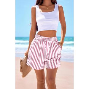 Pantalones cortos de verano con cintura elástica para mujer, pantalones de pijama de algodón a rayas blancas y rosas con bolsillos, ropa para vacaciones en la playa - Product Image 5