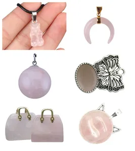 Bijoux faits à la main de haute qualité pendentif en quartz rose pierre précieuse naturelle ronde en forme de fleur collier pendentif