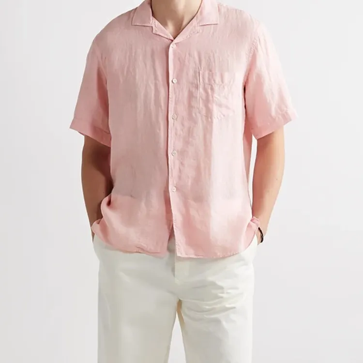 Custom 100% linen camp collar plain shirt men in pink