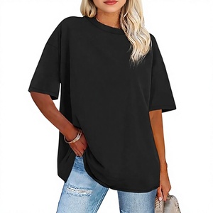 T-shirt noir surdimensionné à manches courtes et col en V pour femme, coupe classique, couleur unie, en jersey de coton, personnalisable, printemps-été - Product Image 1
