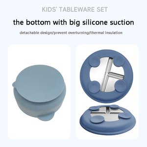 Kid thép không gỉ Silicone Bộ đồ ăn thiết lập cấp thực phẩm ăn thiết lập BIB tấm bát cốc dưới có thể tháo rời với hút muỗng ngã ba - Product Image 6