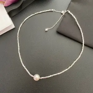 Shinning 925 Sterling Silver Crushed silver scraps with SW Pearl choker necklace jewelry