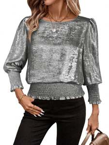 Nouveau T-shirt pull-over élastique à col ras du cou et ourlet doré en polyester pour femme, style streetwear, manches trois-quarts, collection hiver 2026 - Product Image 6