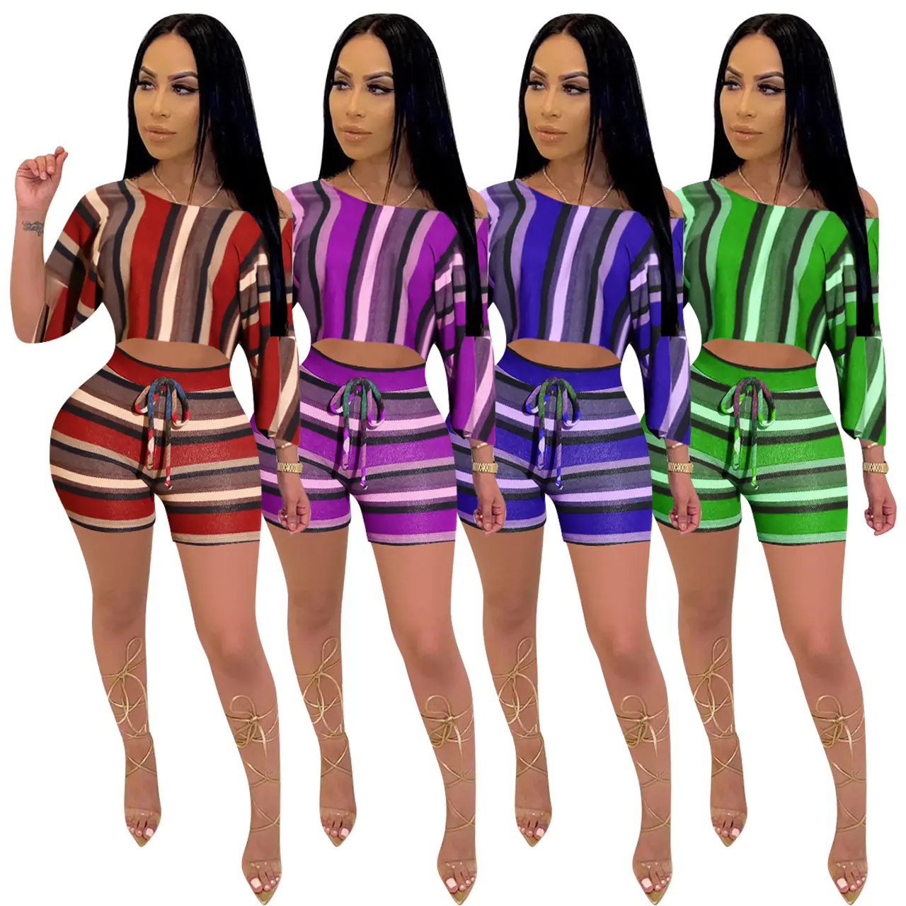 OLAF Hot Sale Women Two piece Sets Mid-sleeve Crop Top And Shorts Colorful Stripe Printed 2 Piece Short Set Women Clothing