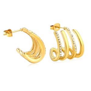Boucles d'oreilles créoles en forme de C à quatre couches, plaquées or 18 carats, en acier inoxydable, avec zircon, tendance, pour femmes - Product Image 1
