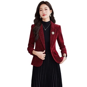 Women's Burgundy Velour Blazer Solid Color Pocket Design Casual Versatile Short Jacket 2024 New Style - Product Image 5