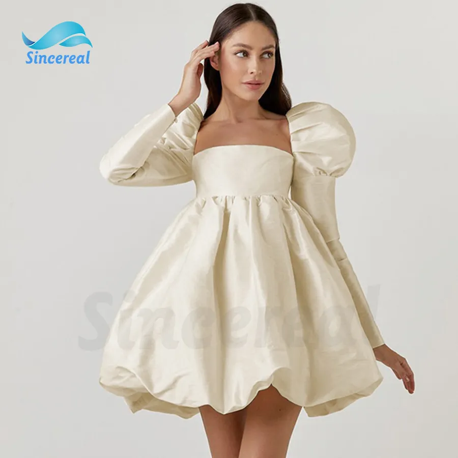 Mulheres tubo festa de aniversário Personalizado new design de moda puff luva Ruffled mini vestidos midi manga sopro doce vestido de cetim