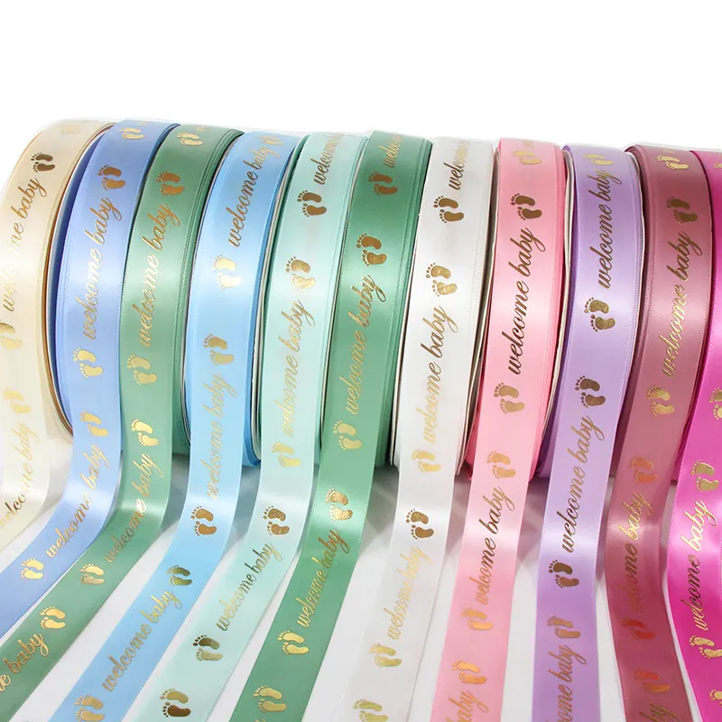 Wholesale Colorful Satin Gift Ribbons Welcome Baby Satin Ribbon Printed Logo Floral Satin Tape Decoration Custom Size Ribbon