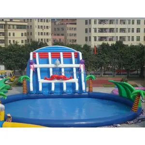 Happy Walk Luncur Taman Air raksasa balon PVC komersil tiga-luncuran kelompok kolam renang untuk anak dan dewasa