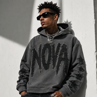 Sweat à capuche vintage pour homme, délavé, à bords bruts, avec appliques, coupe oversize, en molleton épais, patchwork étoiles, style streetwear, vente en gros