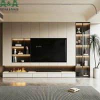 Mueble de TV empotrado moderno SLS con chimenea lineal, panel acanalado, vitrina de cristal LED y almacenamiento multimedia