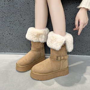 Bottes de neige mi-mollet en daim camel pour femme, col en fourrure, boucle en métal, plateforme épaisse, bottes chaudes d'hiver - Product Image 1