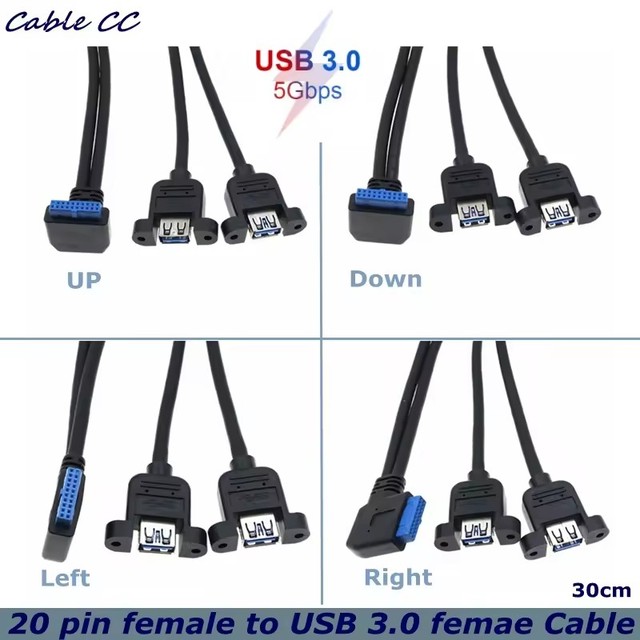 USB3.0 90 °Right Elbow 20Pin Fe-Male to Dual Port USB 3.0 A Female Panel Cable US-B 3.0 Motherboard 19/20 Pin Femle to 2 Ports