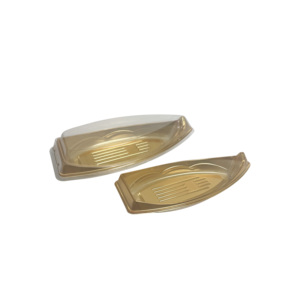 Contenedor de Sushi Dorado de Plástico al por Mayor, Envase Desechable de PET de Grado Alimenticio con Forma de Barco para Restaurantes Asiáticos, Caja de Embalaje para Sushi con Tapa Transparente - Product Image 1