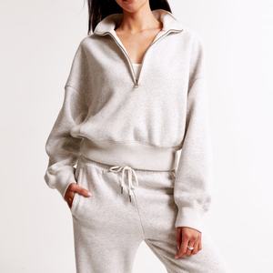 Sudadera con capucha y cuello alto para mujer, de manga larga, de algodón grueso, con cremallera de un cuarto, tipo jersey - Product Image 1