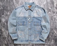 Veste en jean vintage personnalisée pour homme, bleu clair, coupe droite ample, style Y2K streetwear, col montant, vente en gros, vêtements d'extérieur décontractés, OEM