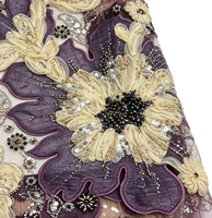 Tissu en dentelle 3D de luxe violet mauve, tissu en organza lourd perlé, appliqué en maille de tulle pour robe de soirée haute couture