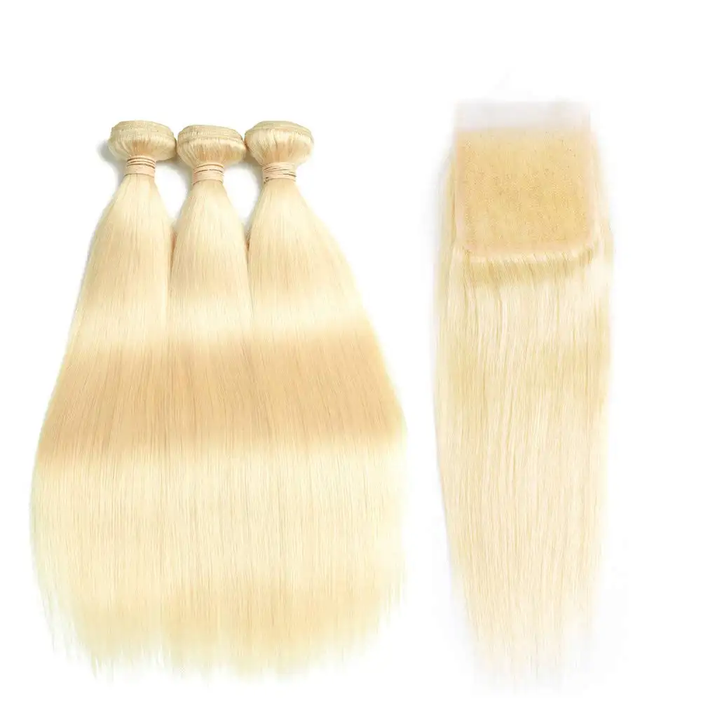 Mèches vierges à cuticules, 613 cheveux humains de couleur blond russe avec Closure, Extension de cheveux humains pour échantillon gratuit, vente en gros