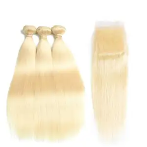 Mèches vierges à cuticules, 613 cheveux humains de couleur blond russe avec Closure, Extension de cheveux humains pour échantillon gratuit, vente en gros