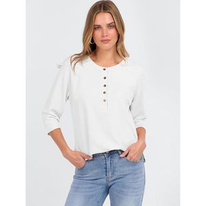 Chemise Henley en tricot gaufré à manches trois quarts pour femmes, haut décontracté boutonné, t-shirt basique, vêtements pour le printemps et l'été - Product Image 2