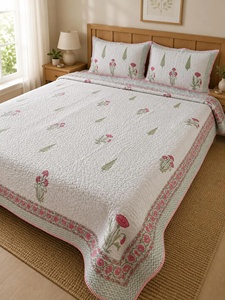 Beautiful Floral Block Printed Cotton Bedcover <b>Set</b> Lightweight Quilted <b>Comforter</b> & Pillow Covers Handmade Jaipur King Bedding - Product Image 1