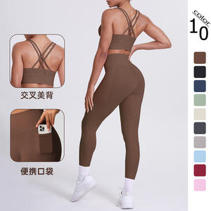 Leggings de yoga pour femmes-Ensemble de course à pied-Logo Clothing Yoga Suit Top Sports Wear Gym Fitness Set Cross-Back Bra Pocket Leggings - Product Image 1