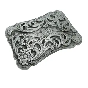 Custom square wavy tang dynasty flower design pattern antique tin brushed finish belt buckle