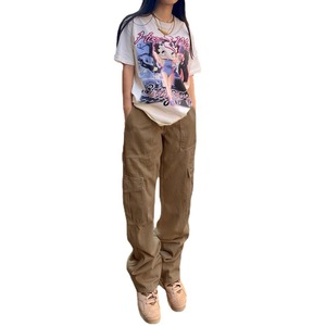 جينز نسائي أوروبي أمريكي عصري بأسلوب الشارع متعدد الجيوب بتصميم كارجو مستقيم الساق وخصر عالي ونحيف وفضفاض بلون الكاكي سريع التوصيل - Product Image 5