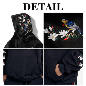 Sudadera con Capucha KingSen Personalizada de Alta Calidad para Hombre, 100% Algodón, Bordado Floral de Aves, Hombros Caídos, Corte Holgado, Informal - Product Image 6