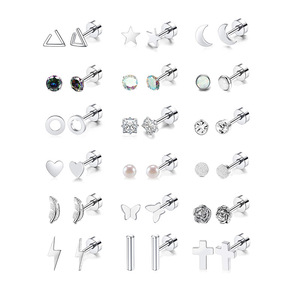Lot <span class=keywords><strong>de</strong></span> 9/18 paires <span class=keywords><strong>de</strong></span> clous d'oreilles hypoallergéniques en acier inoxydable 316L à dos plat pour cartilage, calibre 20G, R.GEM. Bijoux - Product Image 2