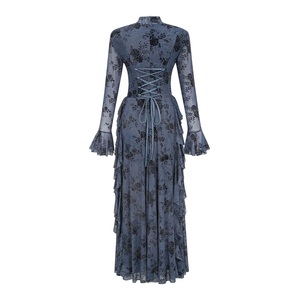 Abito Lungo da Cerimonia Primavera 2026, Design alla Moda, Stampa Floreale <span class=keywords><strong>Vintage</strong></span>, Sexy con Laccetti Posteriori, Maniche a Campana, Rosa e Grigio - Product Image 4