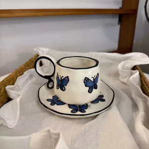 Vintage French Style Hand Painted Butterfly Pattern Irregular Finish Eco-Friendly Blue <b>Ceramic</b> 270ml Dishwasher Microwave <b>Cup</b> - Product Image 4